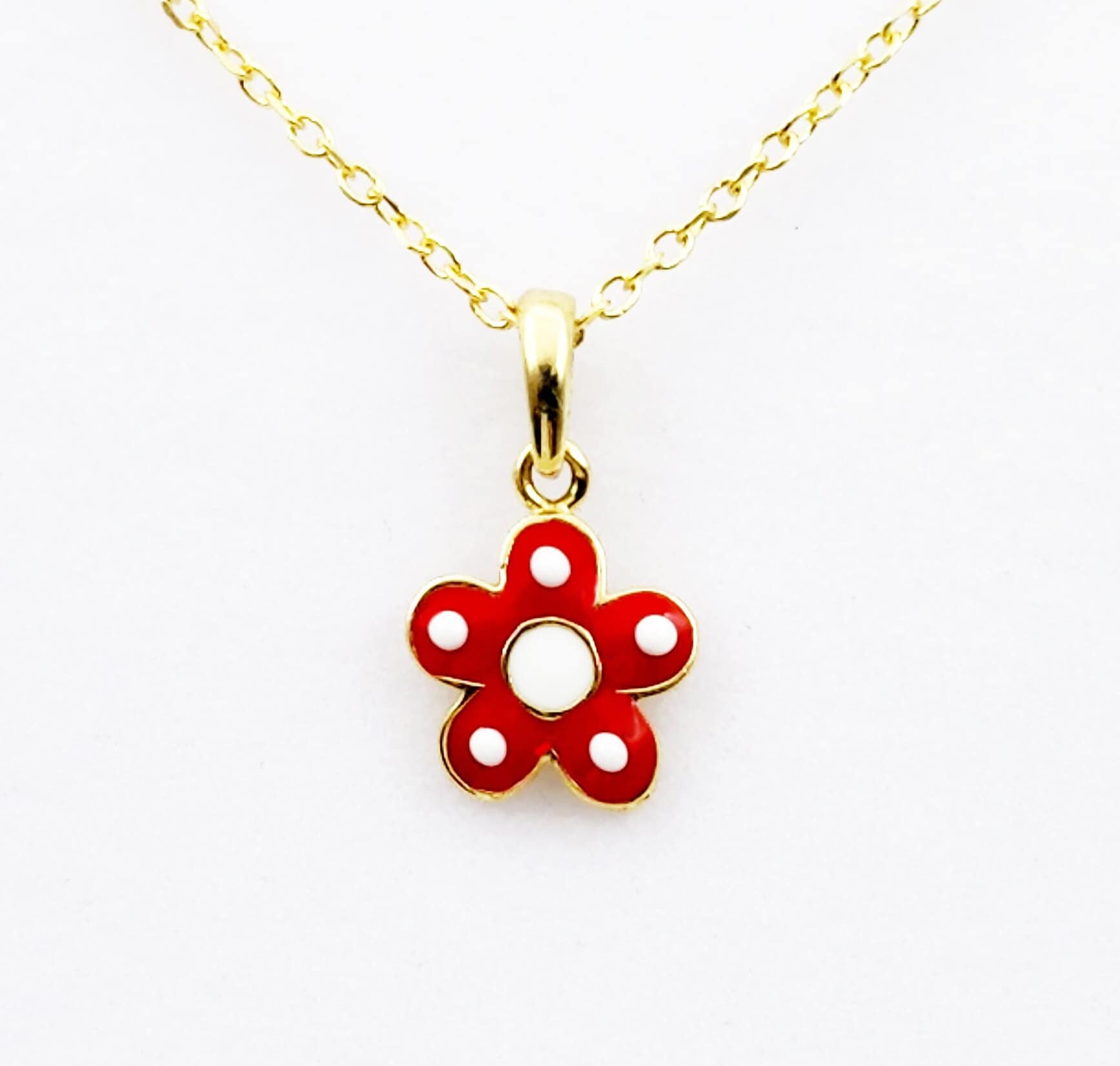 Gold Flower Pendant Necklace, 10K Yellow Gold Red Floral Necklace Pendant, Dainty Gold Small Pendant, Gift For Baby, Baby Jewelry