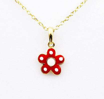Gold Flower Pendant Necklace, 10K Yellow Gold Red Floral Necklace Pendant, Dainty Gold Small Pendant, Gift For Baby, Baby Jewelry