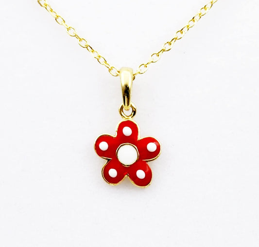 Gold Flower Pendant Necklace, 10K Yellow Gold Red Floral Necklace Pendant, Dainty Gold Small Pendant, Gift For Baby, Baby Jewelry