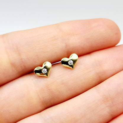 Gold Heart Stud Earrings, 10K Yellow Gold Heart Earrings With CZ, Birthday Gift, Gold Stud Earrings For Her, Baby Earrings, Girl Earrings