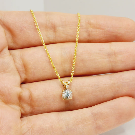 Gold Genuine Aquamarine Pendant Necklace | 10K Yellow Gold Aquamarine 5x5mm with Diamond Pendant