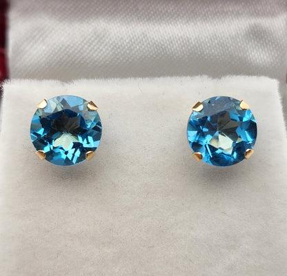 Gold Blue Topaz Earrings, 10K Yellow Gold Round Genuine Blue Topaz 8mm Stud Earrings, December Birthstone