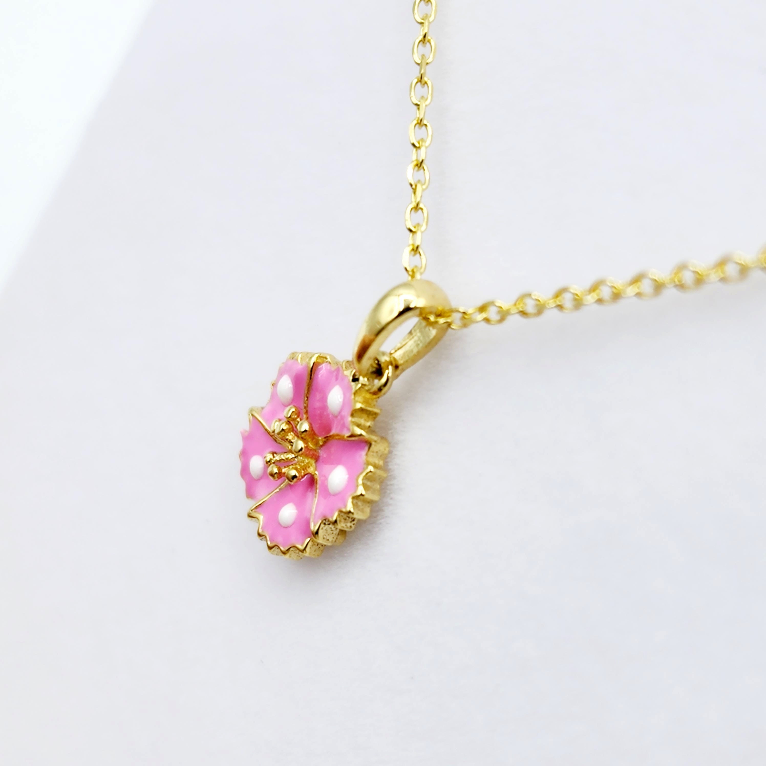 Gold Flower Pendant Necklace, 10K Yellow Gold Pink Floral Necklace Pendant, Dainty Gold Small Pendant, Gift For Baby