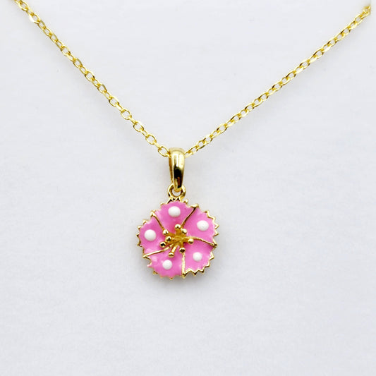 Gold Flower Pendant Necklace, 10K Yellow Gold Pink Floral Necklace Pendant, Dainty Gold Small Pendant, Gift For Baby