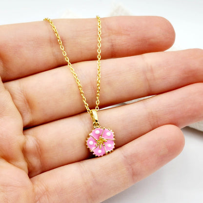 Gold Flower Pendant Necklace, 10K Yellow Gold Pink Floral Necklace Pendant, Dainty Gold Small Pendant, Gift For Baby