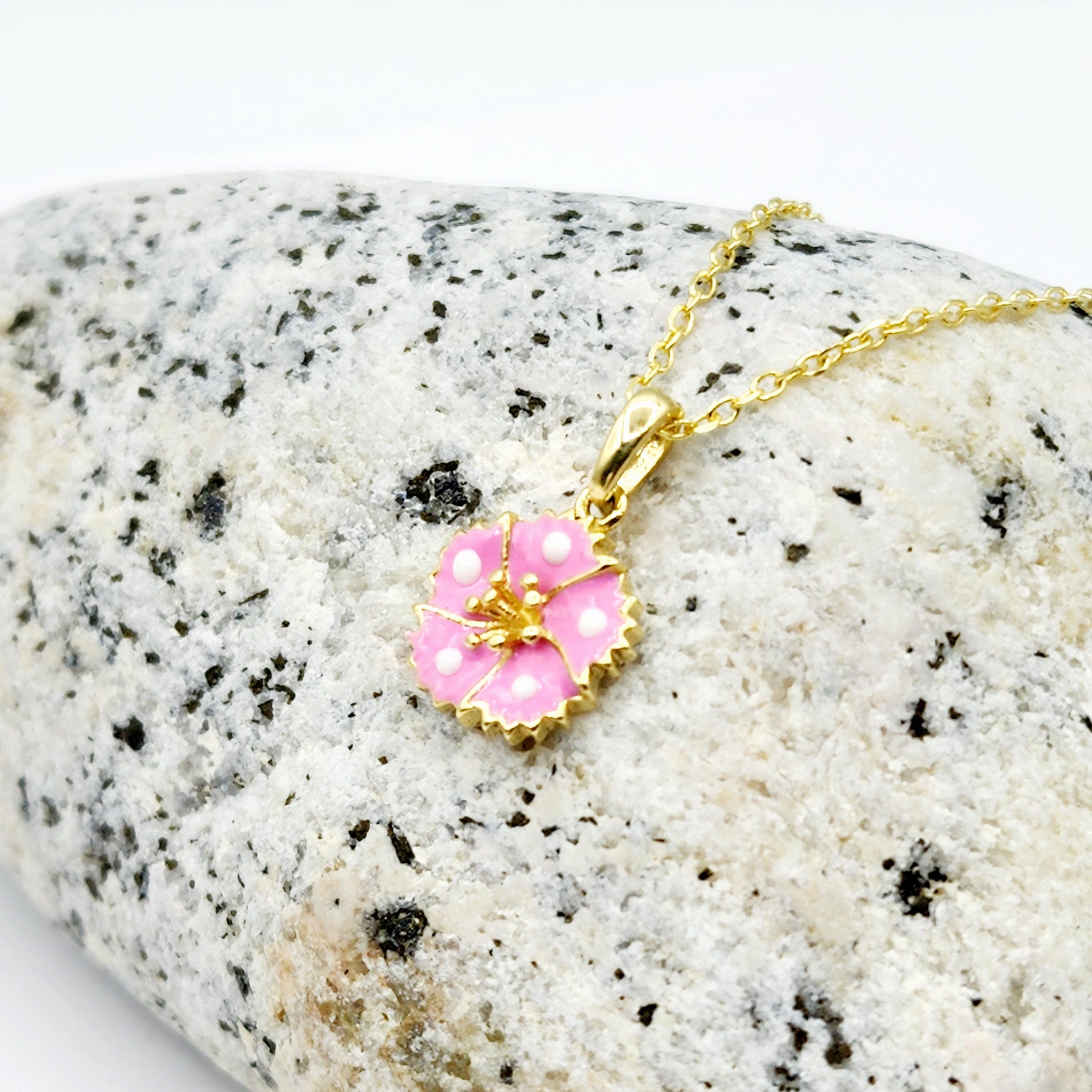 Gold Flower Pendant Necklace, 10K Yellow Gold Pink Floral Necklace Pendant, Dainty Gold Small Pendant, Gift For Baby