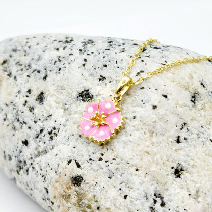 Gold Flower Pendant Necklace, 10K Yellow Gold Pink Floral Necklace Pendant, Dainty Gold Small Pendant, Gift For Baby