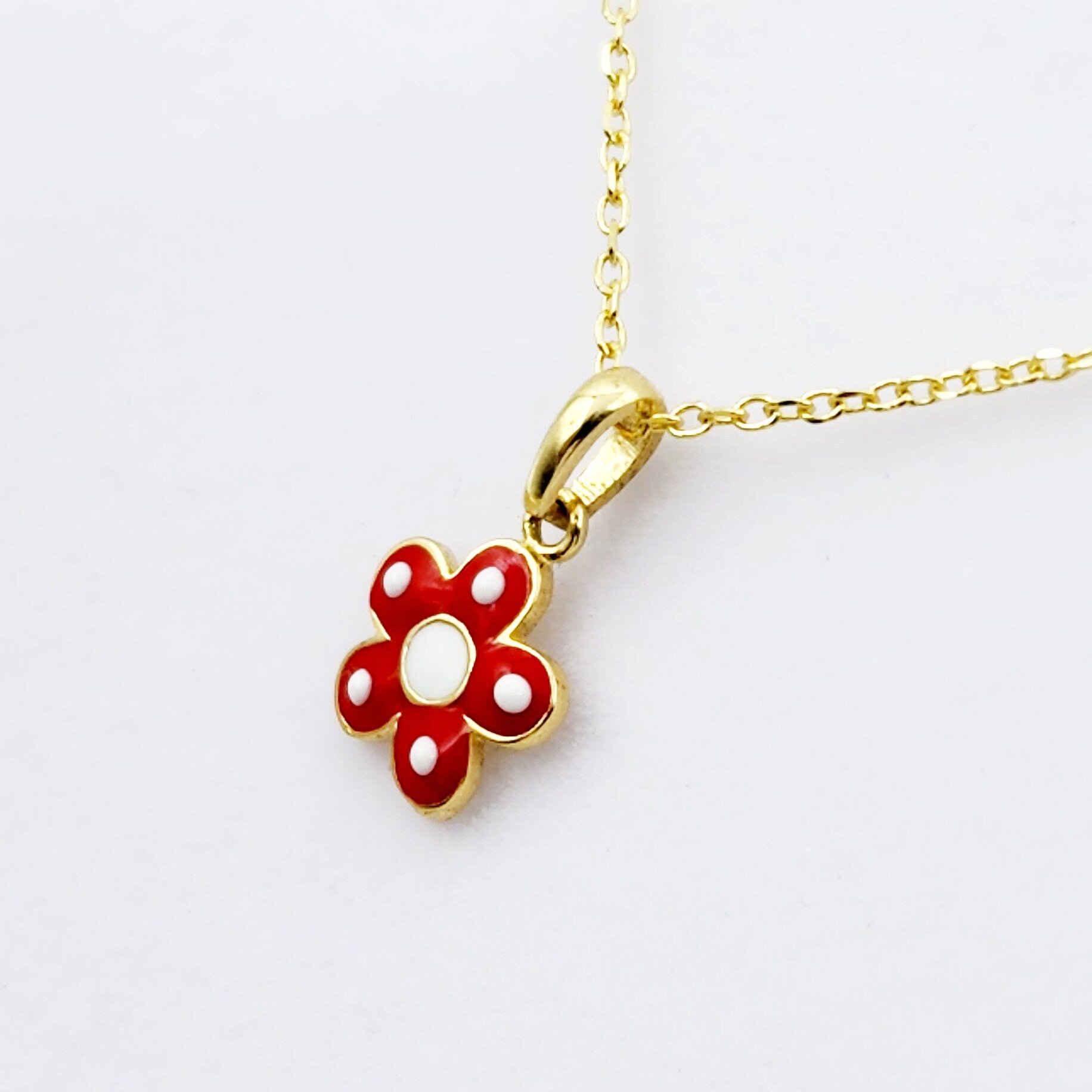 Gold Flower Pendant Necklace, 10K Yellow Gold Red Floral Necklace Pendant, Dainty Gold Small Pendant, Gift For Baby, Baby Jewelry