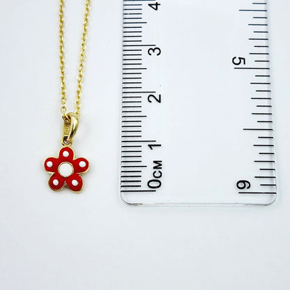 Gold Flower Pendant Necklace, 10K Yellow Gold Red Floral Necklace Pendant, Dainty Gold Small Pendant, Gift For Baby, Baby Jewelry