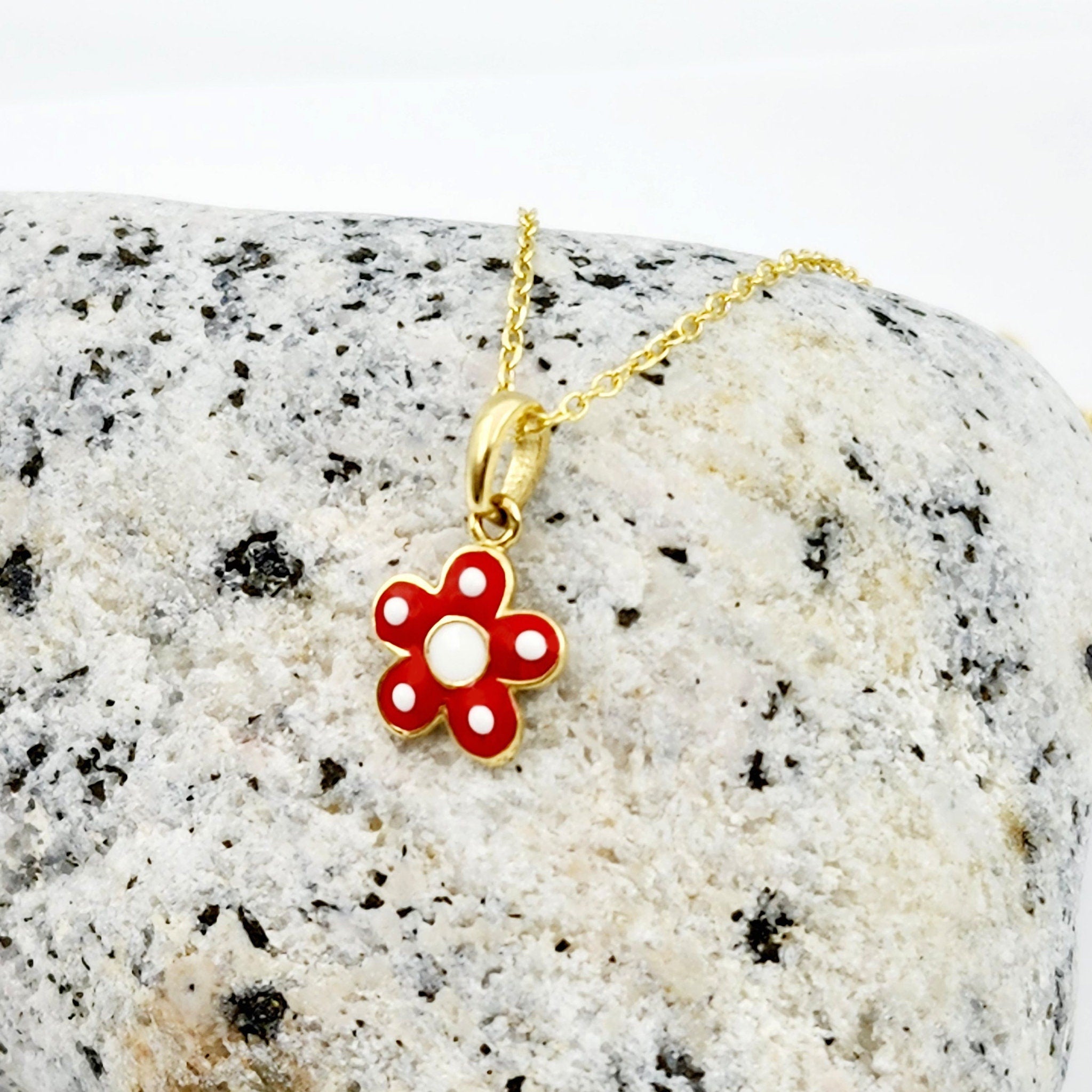 Gold Flower Pendant Necklace, 10K Yellow Gold Red Floral Necklace Pendant, Dainty Gold Small Pendant, Gift For Baby, Baby Jewelry