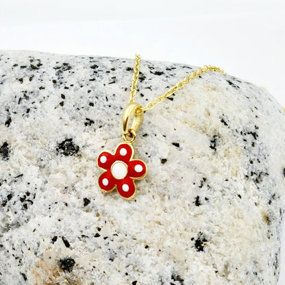 Gold Flower Pendant Necklace, 10K Yellow Gold Red Floral Necklace Pendant, Dainty Gold Small Pendant, Gift For Baby, Baby Jewelry
