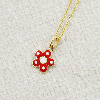 Gold Flower Pendant Necklace, 10K Yellow Gold Red Floral Necklace Pendant, Dainty Gold Small Pendant, Gift For Baby, Baby Jewelry