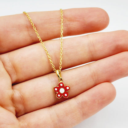 Gold Flower Pendant Necklace, 10K Yellow Gold Red Floral Necklace Pendant, Dainty Gold Small Pendant, Gift For Baby, Baby Jewelry