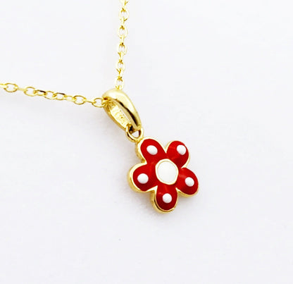 Gold Flower Pendant Necklace, 10K Yellow Gold Red Floral Necklace Pendant, Dainty Gold Small Pendant, Gift For Baby, Baby Jewelry