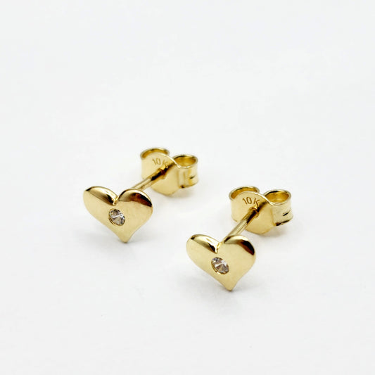 10K Yellow Gold Heart Stud Earrings with CZ, Everyday Jewelry