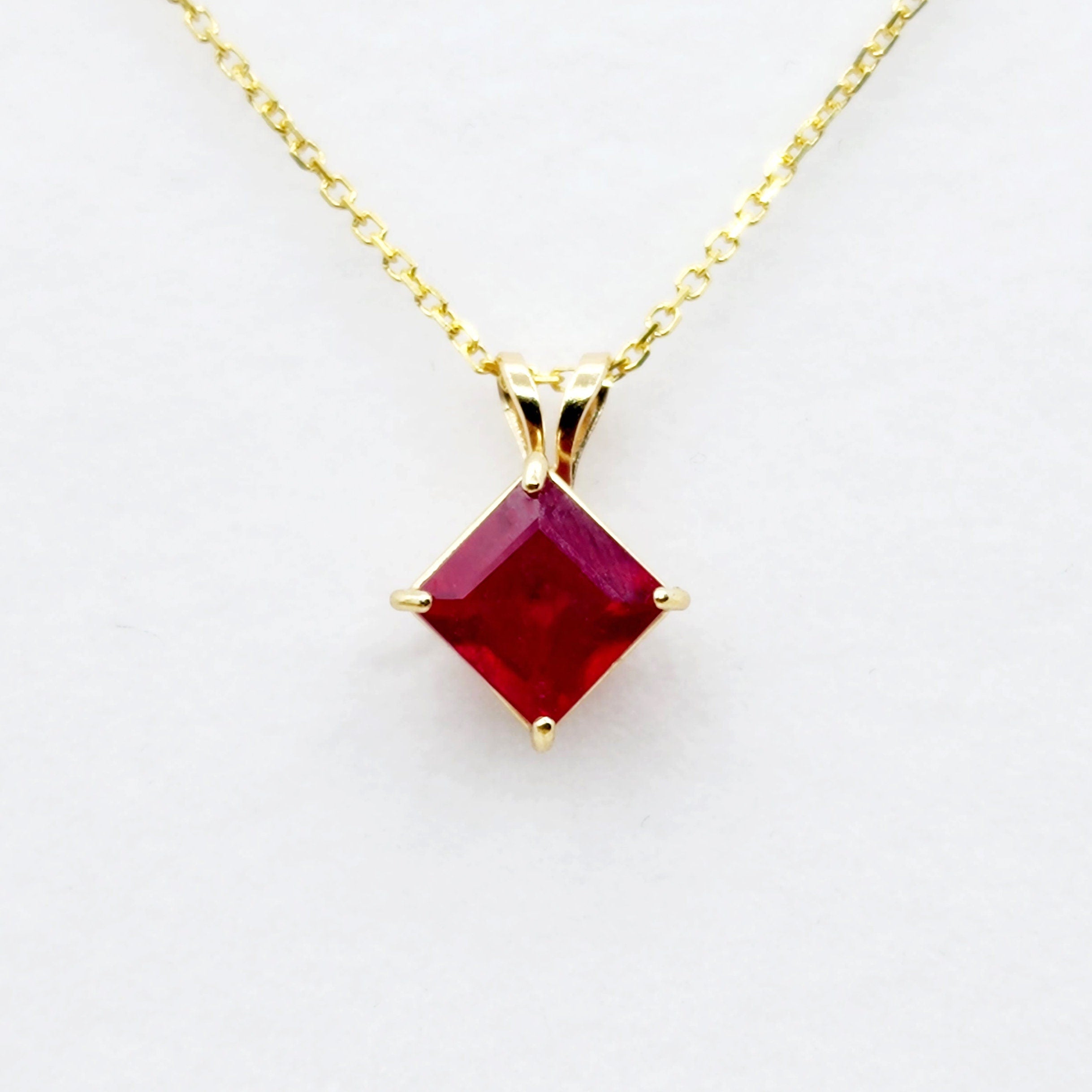 Gold Ruby Pendant Necklace , 10K Yellow Gold Genuine Ruby 6x6mm Pendant, July Birthstone, Handmade Pendant, Red Gemstone Jewelry