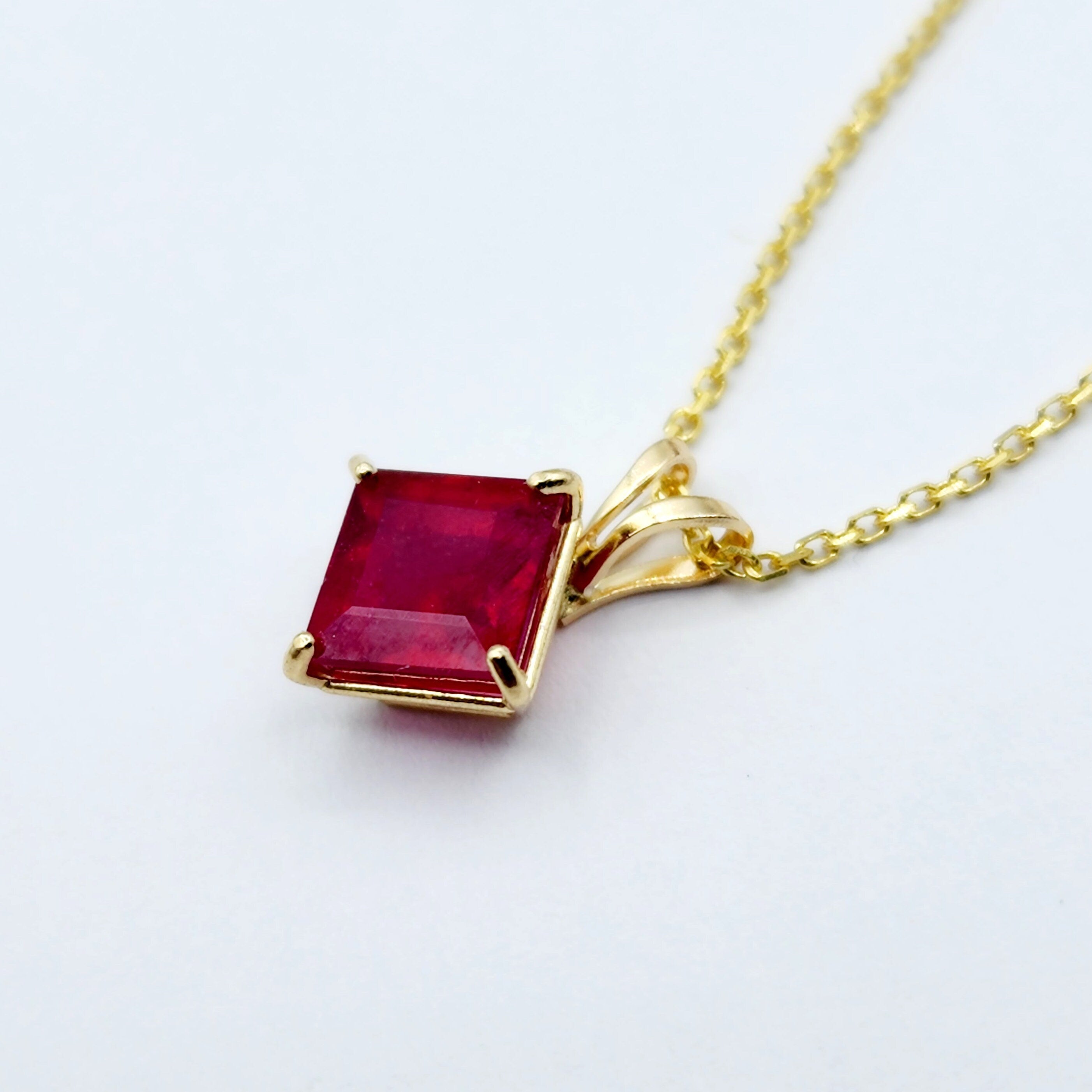 Gold Ruby Pendant Necklace , 10K Yellow Gold Genuine Ruby 6x6mm Pendant, July Birthstone, Handmade Pendant, Red Gemstone Jewelry