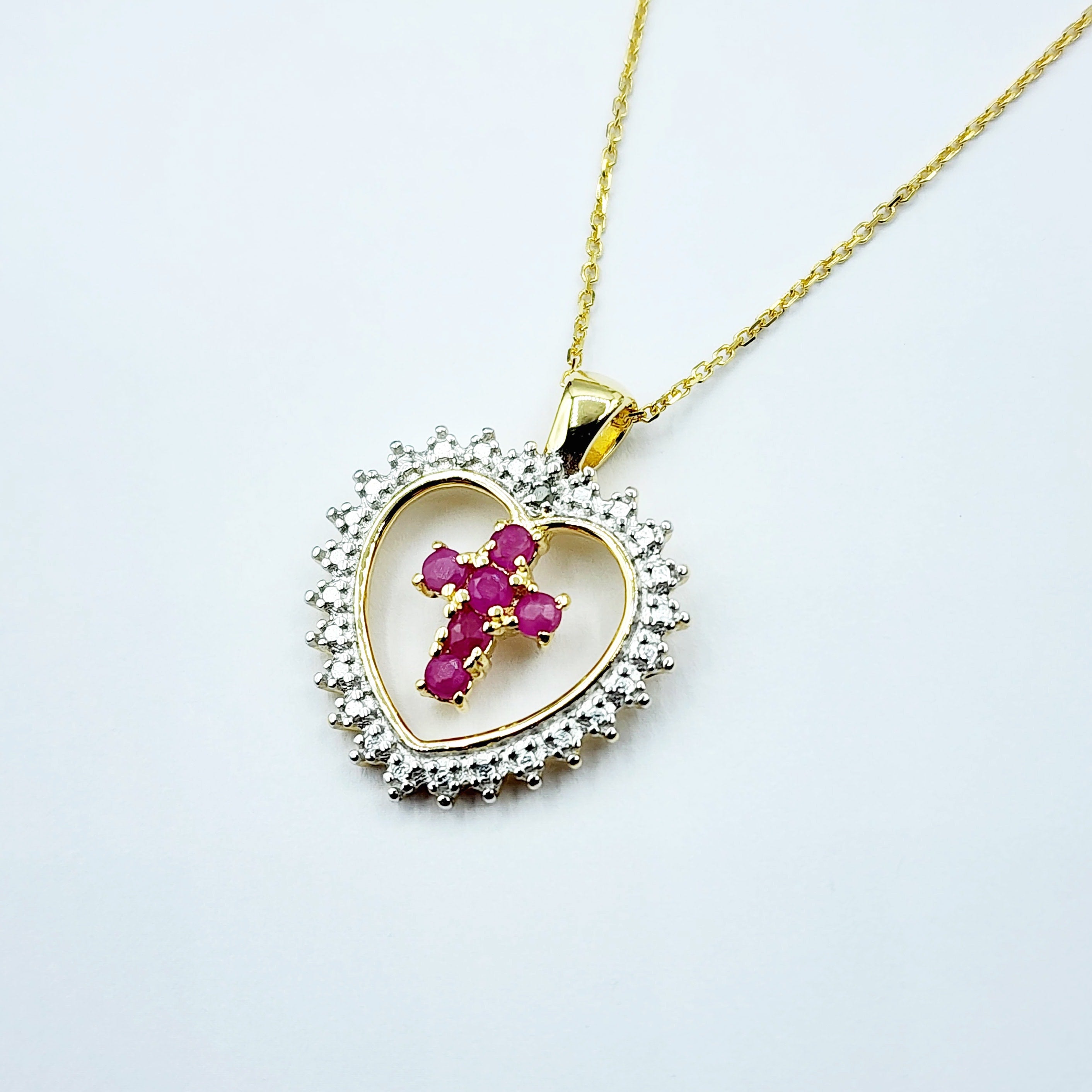 Genuine Ruby Cross Pendant Necklace, 24K Gold Plated Heart Shape Cross Genuine Ruby Pendant, July Birthstone