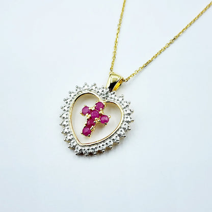 Genuine Ruby Cross Pendant Necklace, 24K Gold Plated Heart Shape Cross Genuine Ruby Pendant, July Birthstone