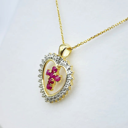 Genuine Ruby Cross Pendant Necklace, 24K Gold Plated Heart Shape Cross Genuine Ruby Pendant, July Birthstone