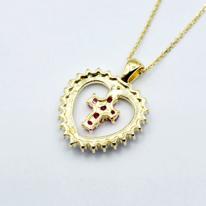 Genuine Ruby Cross Pendant Necklace, 24K Gold Plated Heart Shape Cross Genuine Ruby Pendant, July Birthstone
