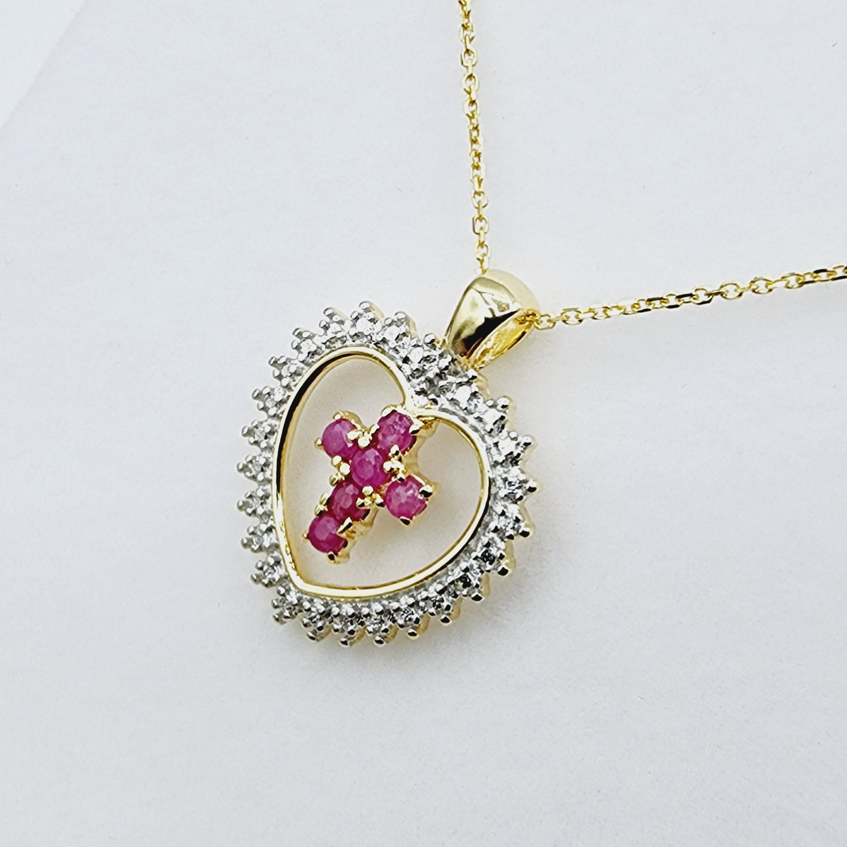 Genuine Ruby Cross Pendant Necklace, 24K Gold Plated Heart Shape Cross Genuine Ruby Pendant, July Birthstone