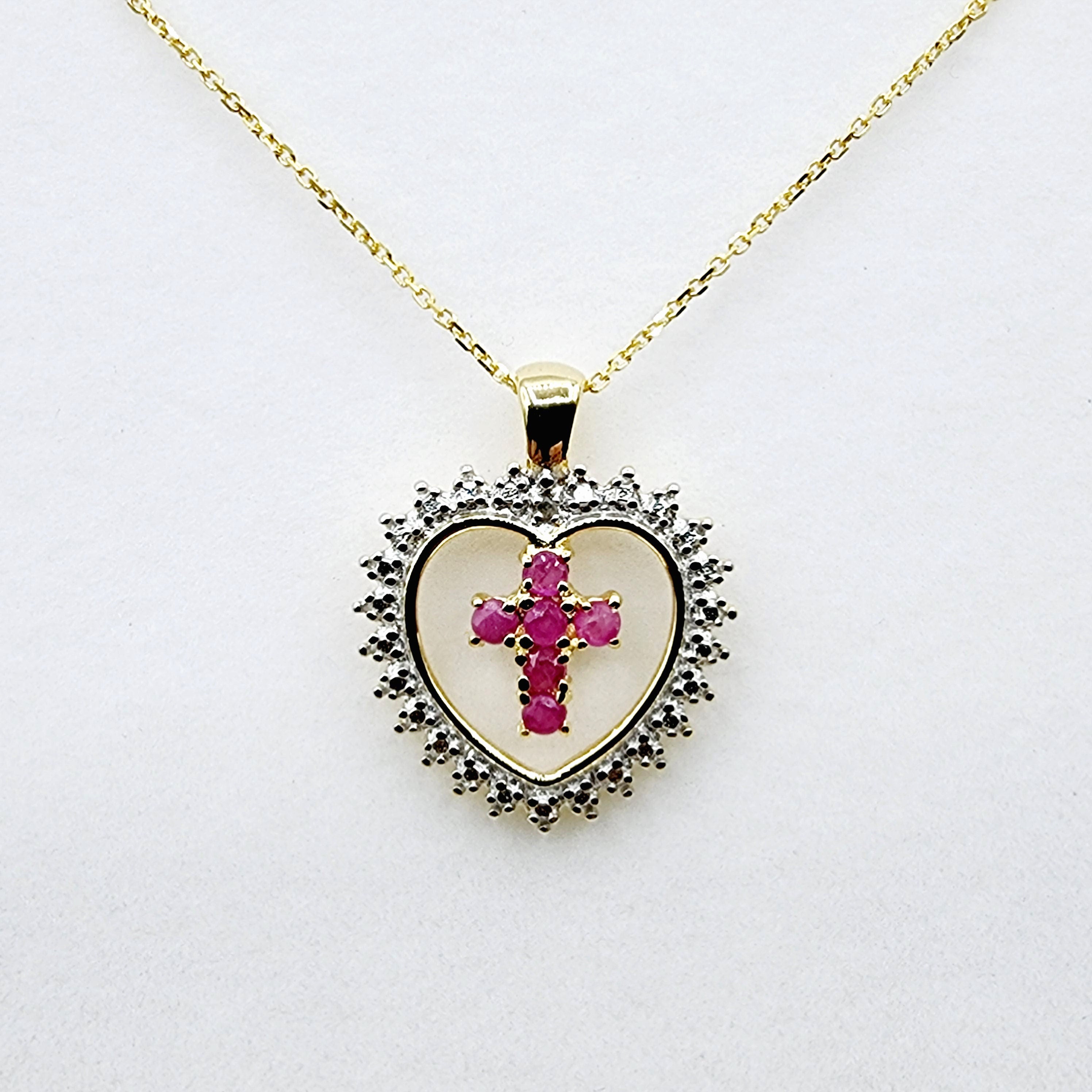 Genuine Ruby Cross Pendant Necklace, 24K Gold Plated Heart Shape Cross Genuine Ruby Pendant, July Birthstone