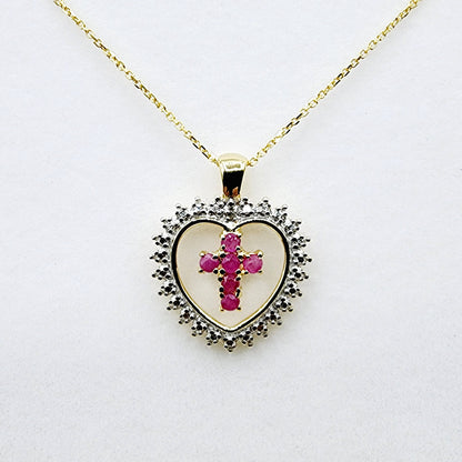 Genuine Ruby Cross Pendant Necklace, 24K Gold Plated Heart Shape Cross Genuine Ruby Pendant, July Birthstone