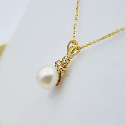 14k Gold Pearl Diamonds Pendant Necklace, 14K Yellow Gold Natural Freshwater Pearl with 3 Diamonds Pendant, Bridesmaid Gifts, Bridal Jewelry