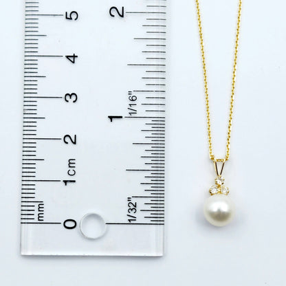 14k Gold Pearl Diamonds Pendant Necklace, 14K Yellow Gold Natural Freshwater Pearl with 3 Diamonds Pendant, Bridesmaid Gifts, Bridal Jewelry