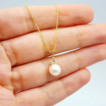 14k Gold Pearl Diamonds Pendant Necklace, 14K Yellow Gold Natural Freshwater Pearl with 3 Diamonds Pendant, Bridesmaid Gifts, Bridal Jewelry