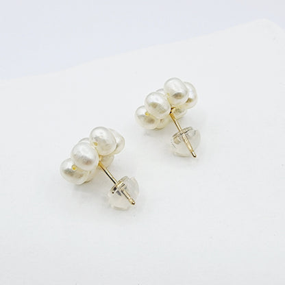 14k Gold Pearl Stud Earrings | 14K Yellow Gold Genuine Pearl Floral Earrings, June Birthstone, Birthstone Earrings, Handmade Earrings