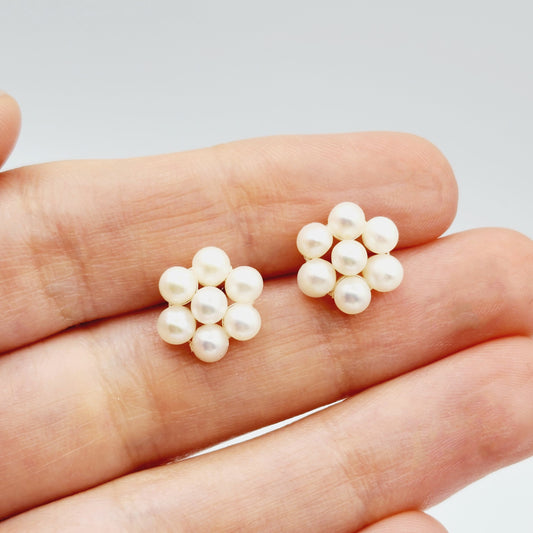 14k Gold Pearl Stud Earrings | 14K Yellow Gold Genuine Pearl Floral Earrings, June Birthstone, Birthstone Earrings, Handmade Earrings
