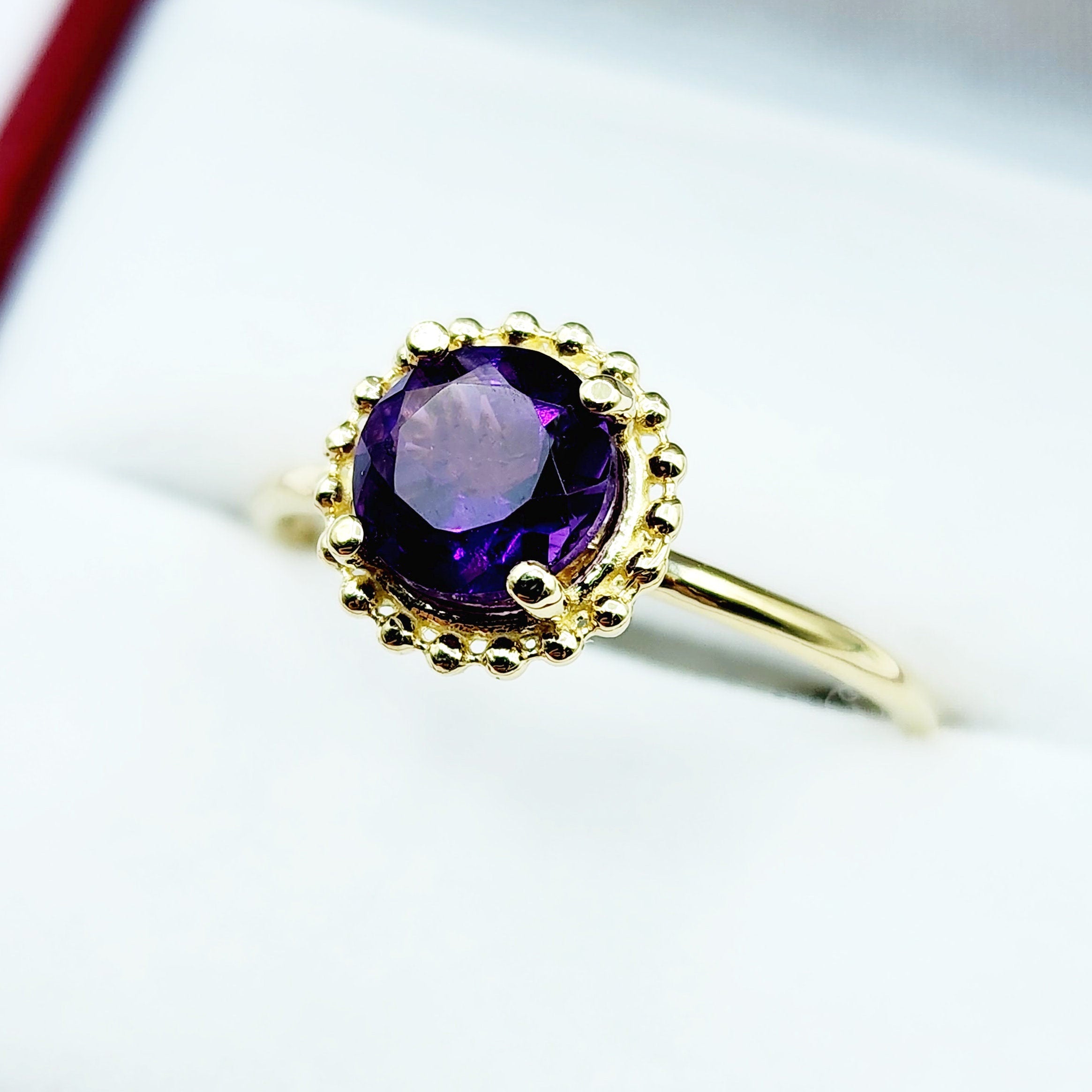 Gold Gemstone Rings For Women, 10K Yellow Gold Ring Set With Round 6x6mm Genuine Gemstones, Statement Ring For Her, Birthstone Ring