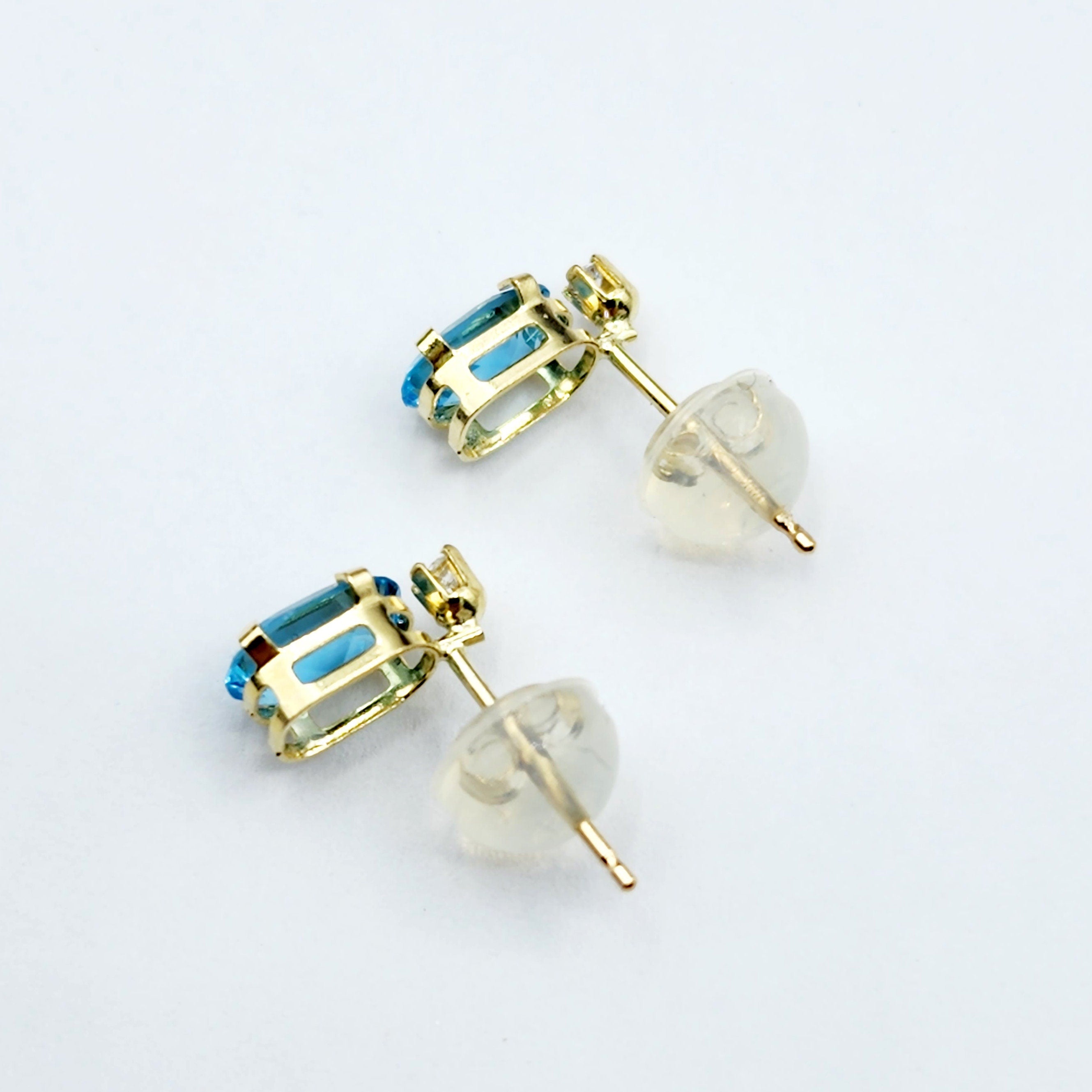 Gold Blue Topaz Stud Earrings | 14K Yellow Gold Genuine Blue Topaz with Natural Diamond Stud Earrings, December Birthstone Jewelry