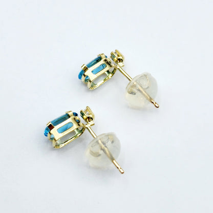 Gold Blue Topaz Stud Earrings | 14K Yellow Gold Genuine Blue Topaz with Natural Diamond Stud Earrings, December Birthstone Jewelry