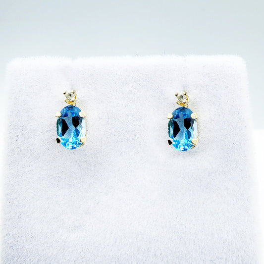 Gold Blue Topaz Stud Earrings | 14K Yellow Gold Genuine Blue Topaz with Natural Diamond Stud Earrings, December Birthstone Jewelry