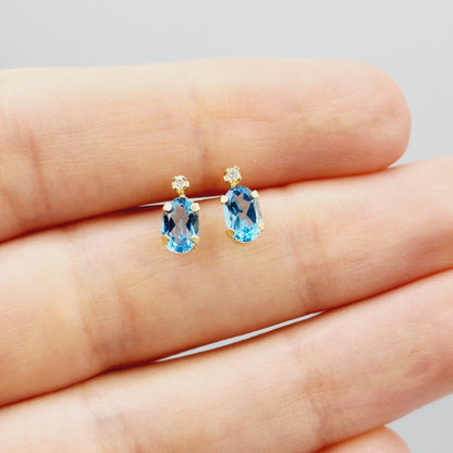 Gold Blue Topaz Stud Earrings | 14K Yellow Gold Genuine Blue Topaz with Natural Diamond Stud Earrings, December Birthstone Jewelry