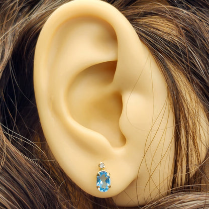 Gold Blue Topaz Stud Earrings | 14K Yellow Gold Genuine Blue Topaz with Natural Diamond Stud Earrings, December Birthstone Jewelry