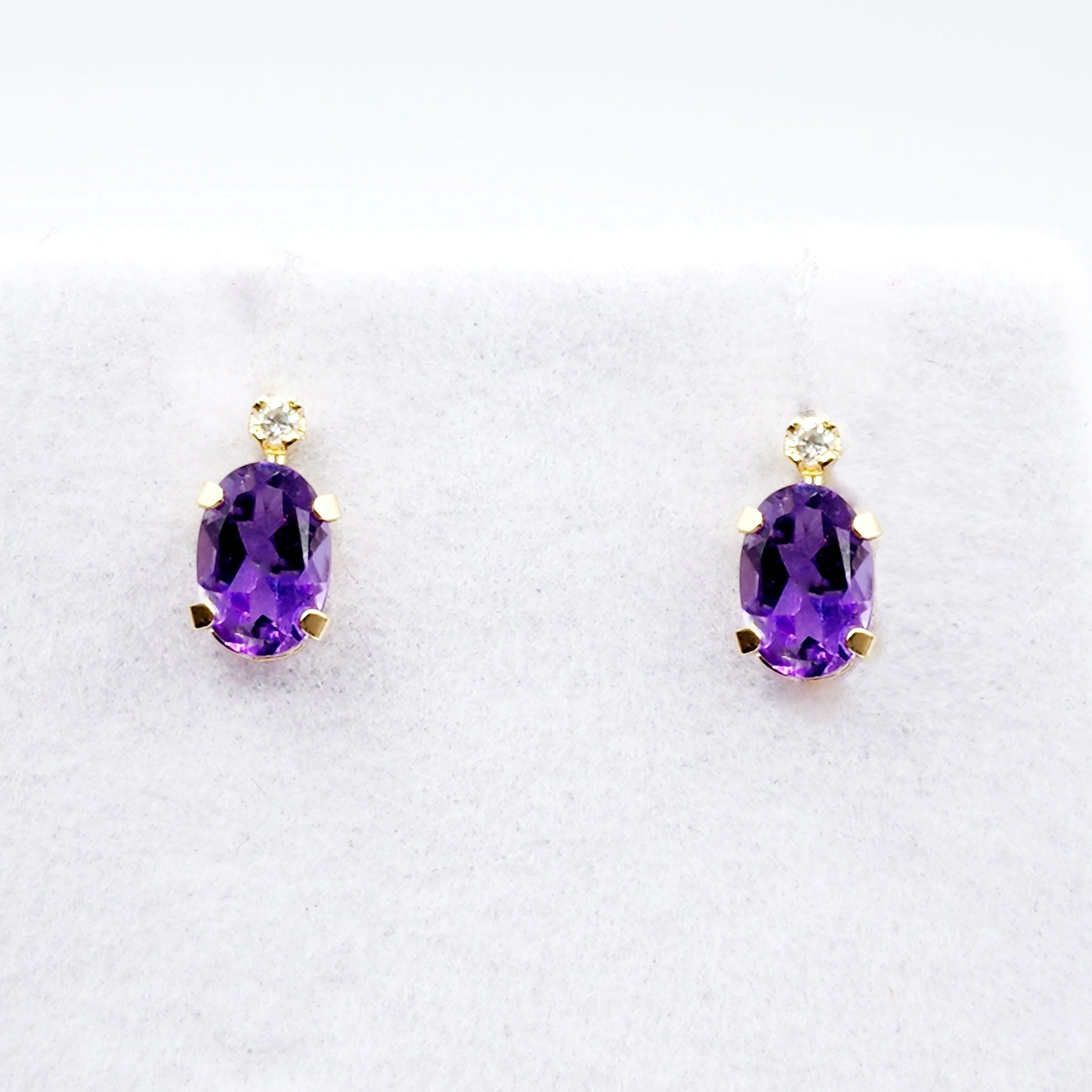14k Gold Amethyst Stud Earrings | 14K Gold Genuine Amethyst 6x4mm with Natural Diamond Stud Earrings, February Birthstone Jewelry