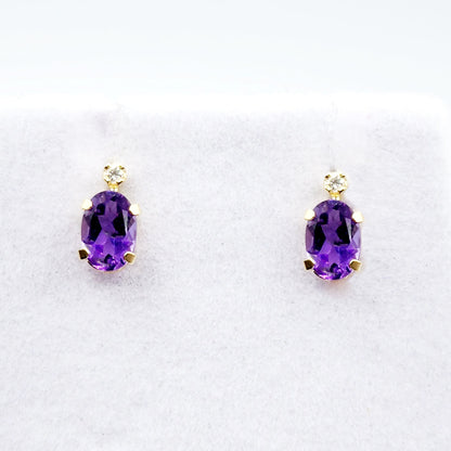 14k Gold Amethyst Stud Earrings | 14K Gold Genuine Amethyst 6x4mm with Natural Diamond Stud Earrings, February Birthstone Jewelry