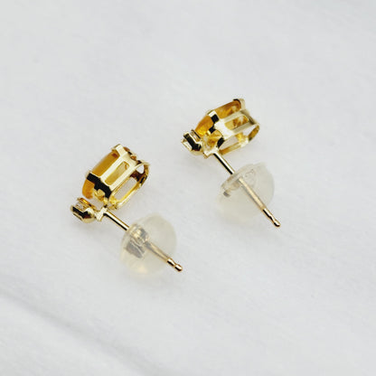 14K Gold Citrine Stud Earrings | 14K Yellow Gold Genuine Citrine with Natural Diamond Stud Earrings, November Birthstone Jewelry