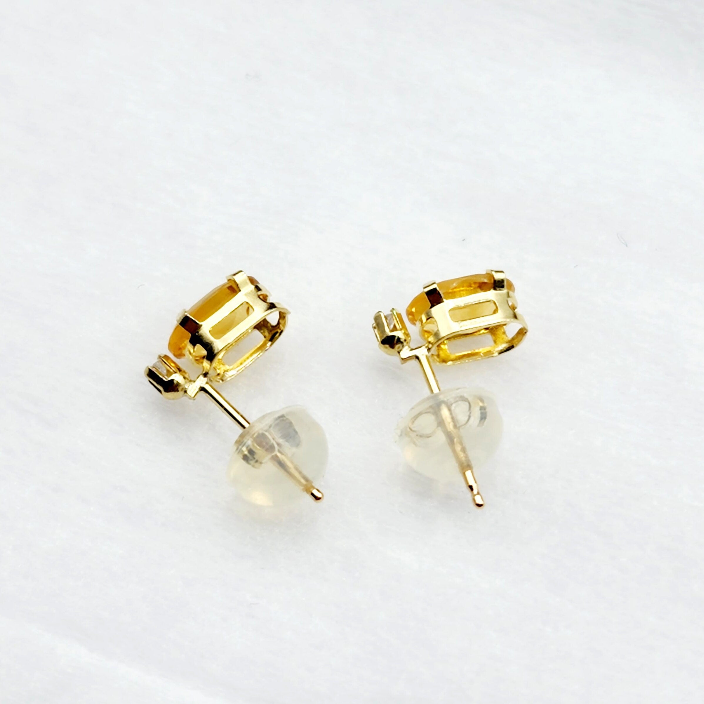 14K Gold Citrine Stud Earrings | 14K Yellow Gold Genuine Citrine with Natural Diamond Stud Earrings, November Birthstone Jewelry