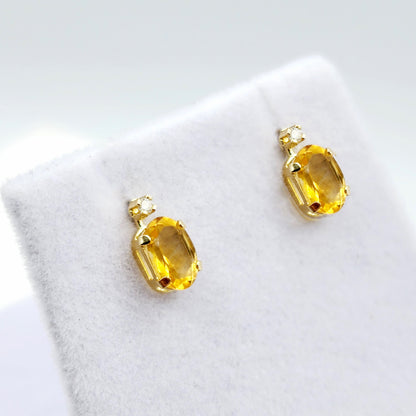 14K Gold Citrine Stud Earrings | 14K Yellow Gold Genuine Citrine with Natural Diamond Stud Earrings, November Birthstone Jewelry
