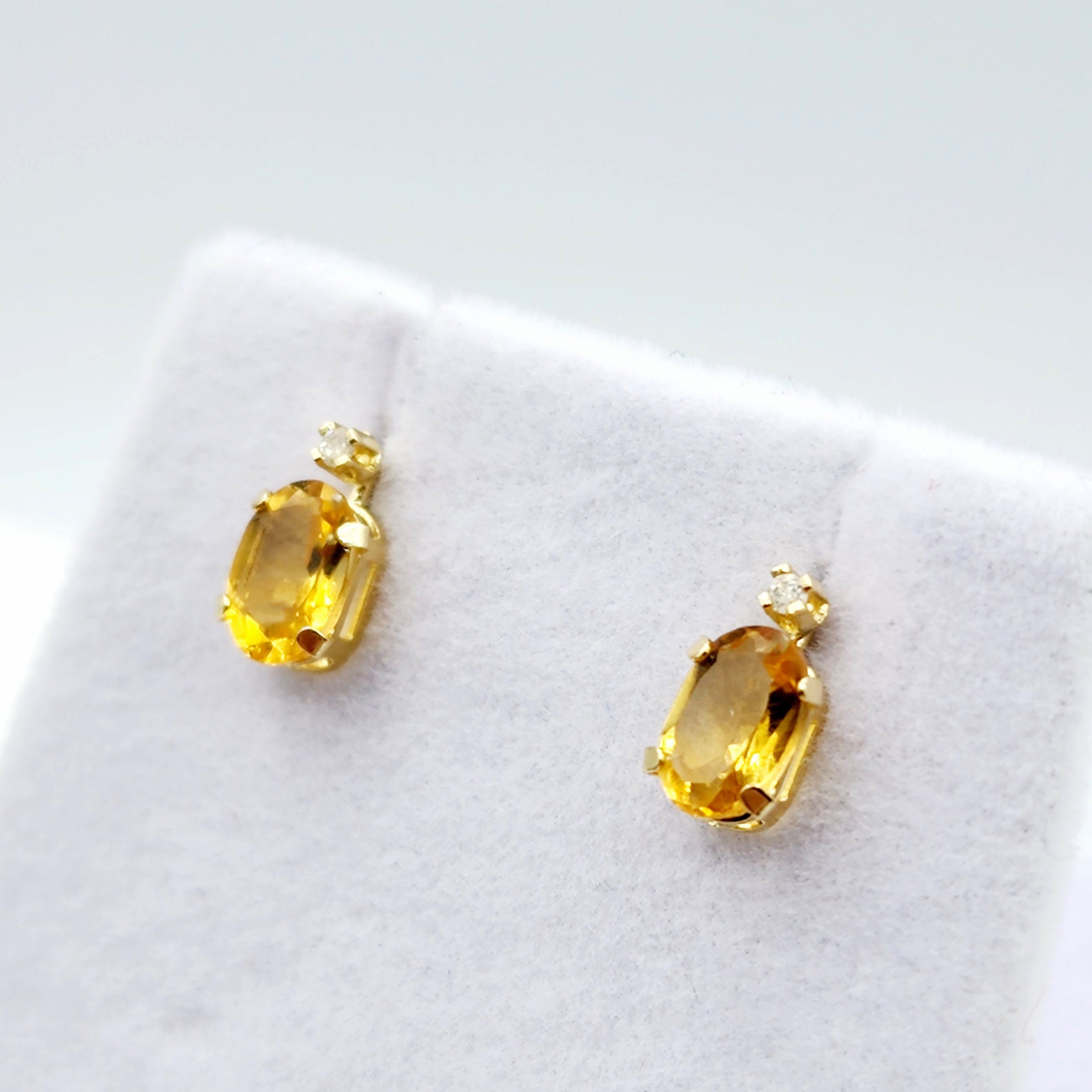 14K Gold Citrine Stud Earrings | 14K Yellow Gold Genuine Citrine with Natural Diamond Stud Earrings, November Birthstone Jewelry