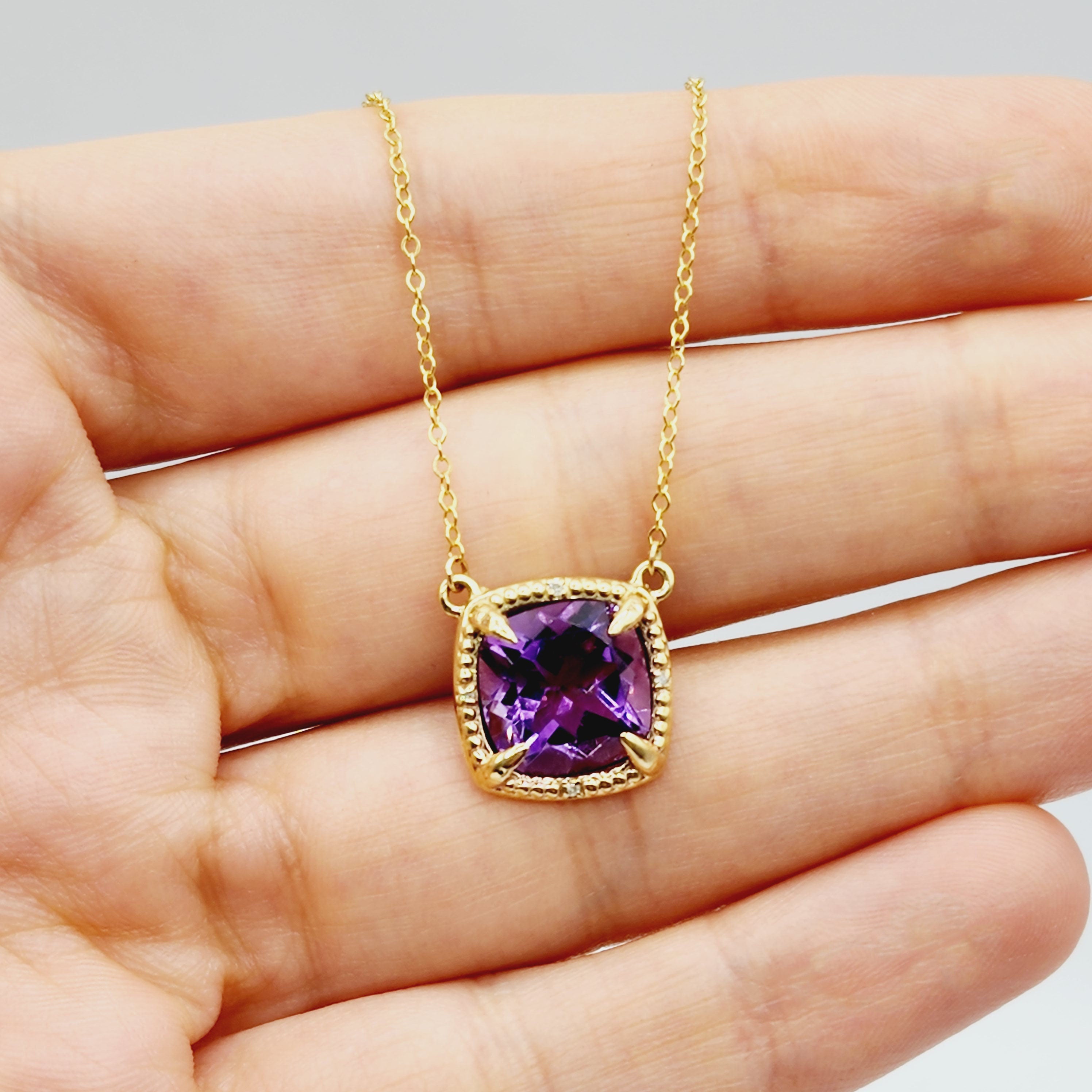 Gold Natural Gemstones Necklace, 10kt Yellow Gold Genuine Gemstones 10mm with Diamond Necklace, Birthstone Necklace, Necklace For Women