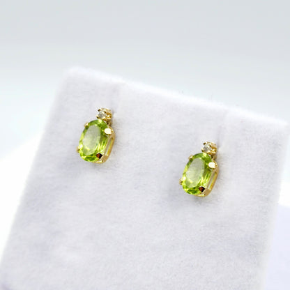 14K Gold Peridot Stud Earrings | 14K Yellow Gold Genuine Peridot with Natural Diamond Stud Earrings, August Birthstone Jewelry