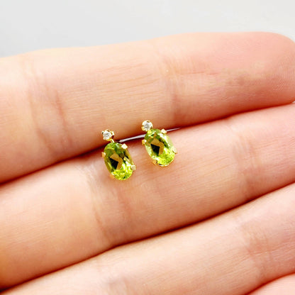 14K Gold Peridot Stud Earrings | 14K Yellow Gold Genuine Peridot with Natural Diamond Stud Earrings, August Birthstone Jewelry