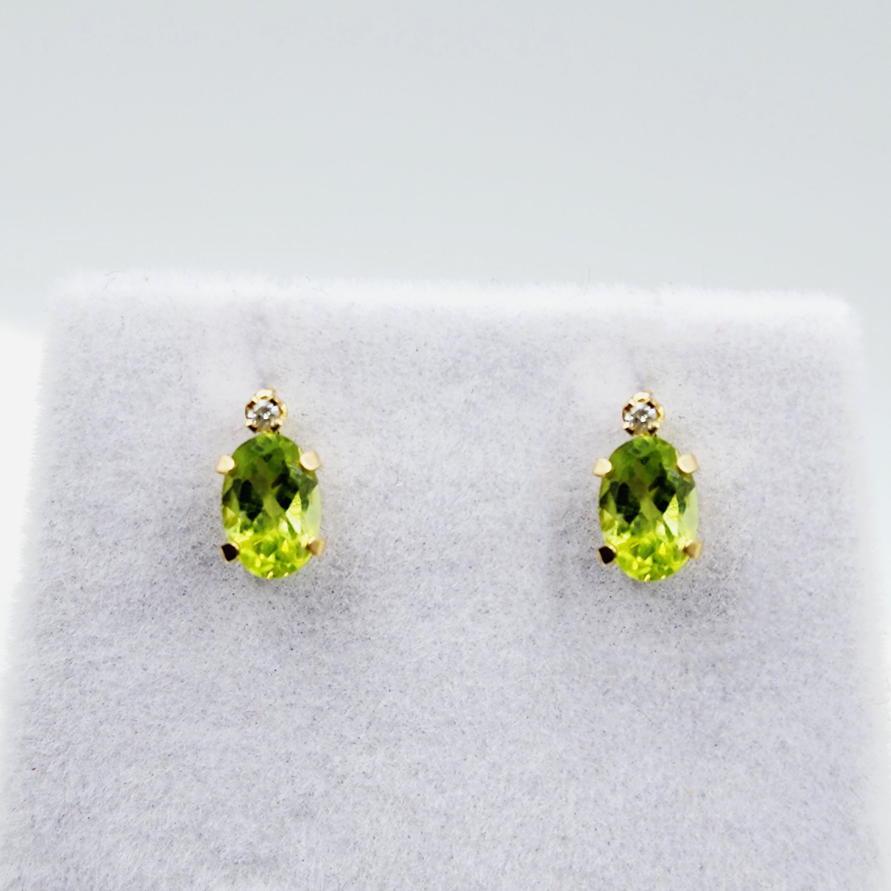 14K Gold Peridot Stud Earrings | 14K Yellow Gold Genuine Peridot with Natural Diamond Stud Earrings, August Birthstone Jewelry
