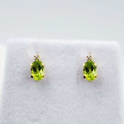 14K Gold Peridot Stud Earrings | 14K Yellow Gold Genuine Peridot with Natural Diamond Stud Earrings, August Birthstone Jewelry